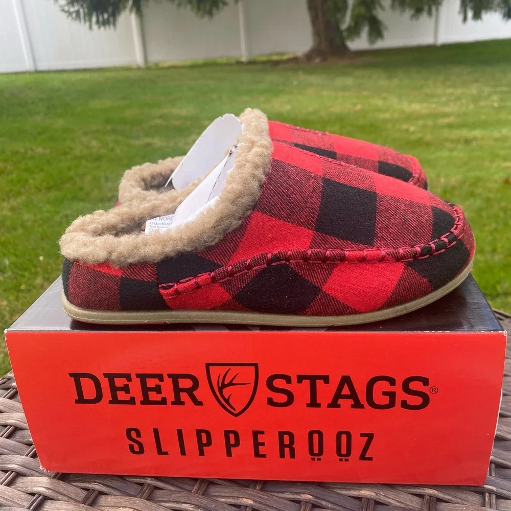 NWT/ NIB Deer Stags Kid's Lil Nordic Buffalo Plaid Faux Shearling Slippers (1)